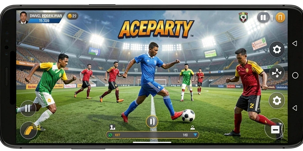 Tangkapan layar utama ACEPARTY menampilkan aksi mendebarkan dalam pertandingan olahraga.
