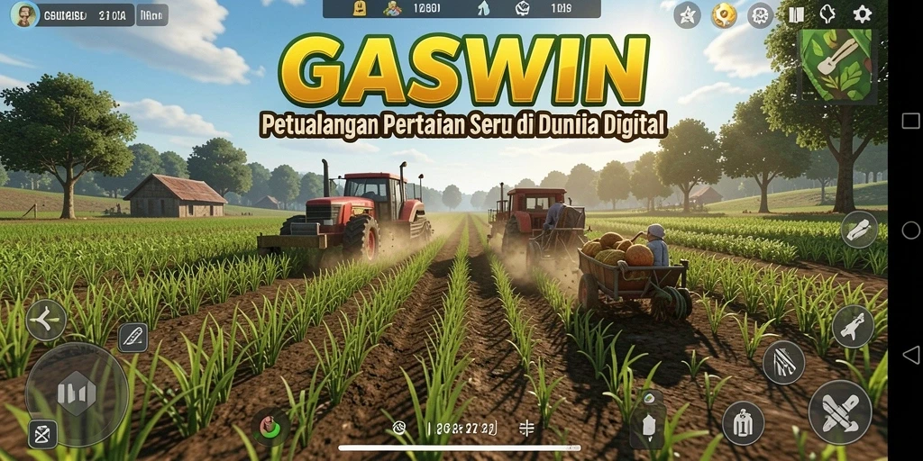 Screenshot permainan GASWIN menampilkan ladang yang indah dan aktivitas bertani.