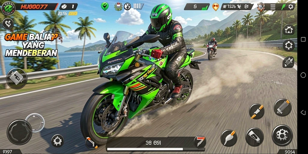 Gameplay seru dalam HUGO77 saat balapan motor di trek menantang.