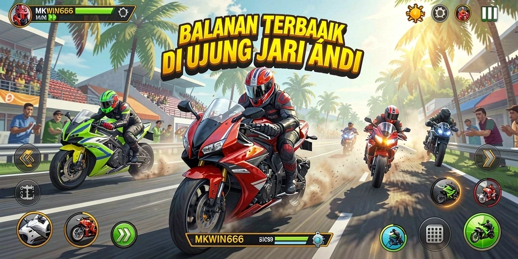 Tampilan gameplay MKWIN666 dengan aksi balapan motor yang seru.