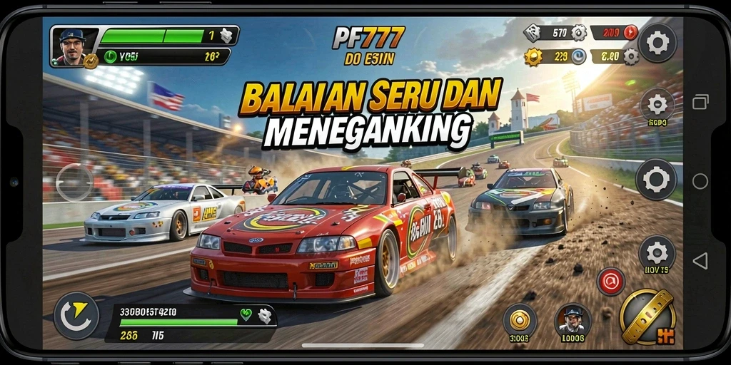 Tangkapan layar gameplay PF777 menunjukkan aksi balapan seru dan mobil yang menakjubkan.