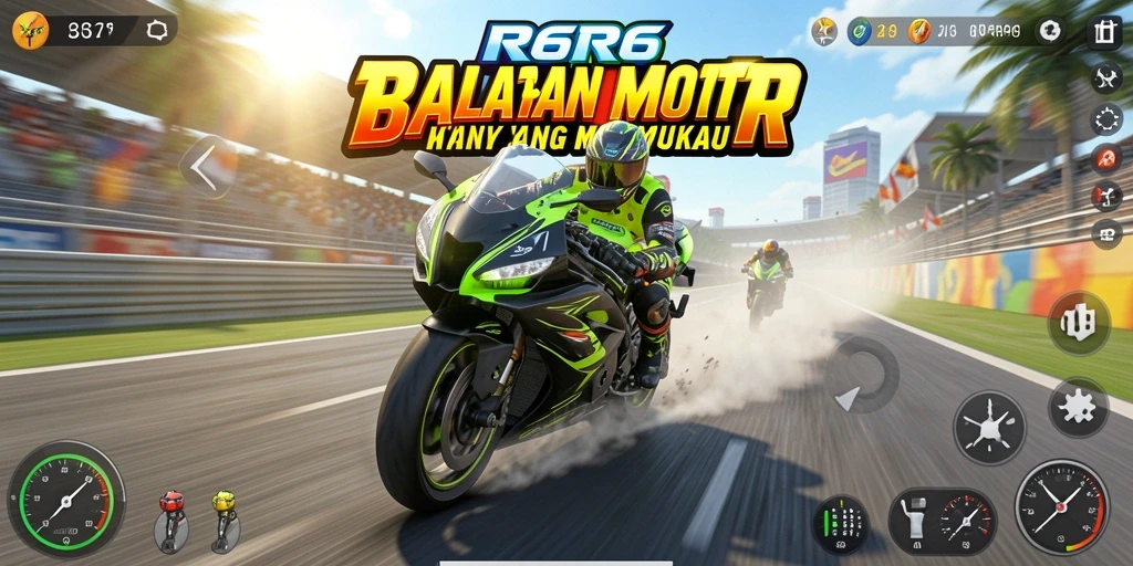 Screenshot R6R6 menampilkan aksi balapan motor yang mendebarkan.