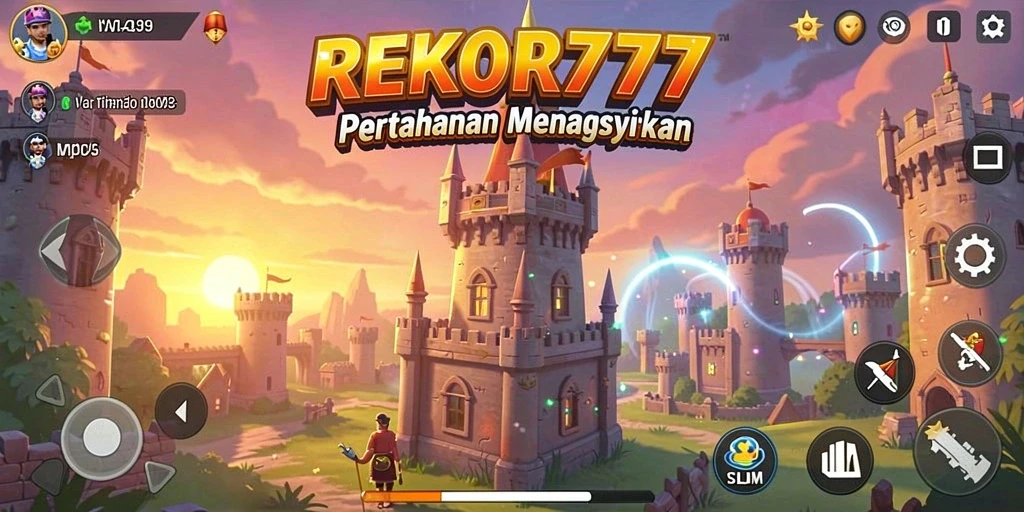 Tampilan gameplay Tower Defense di REKOR777 dengan menara dan musuh yang beragam.
