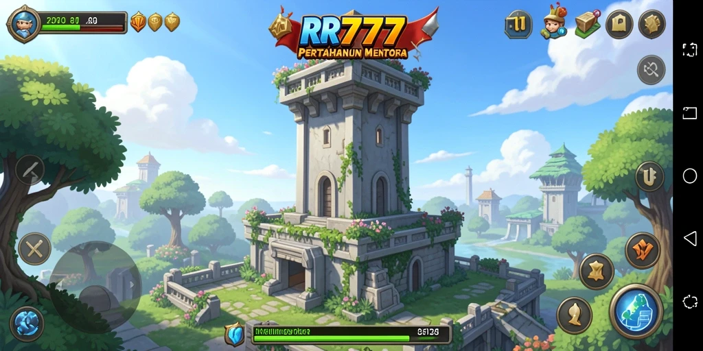 Tampilan gameplay menara pertahanan yang penuh aksi di RR777.