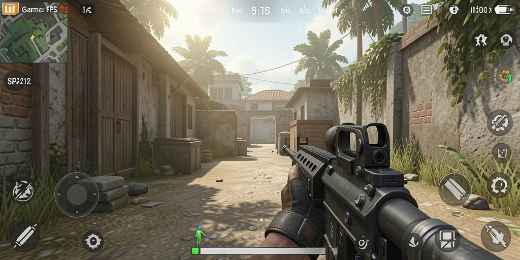 Screenshot SP212 menampilkan aksi tembak-menembak yang intens dalam gameplay FPS.