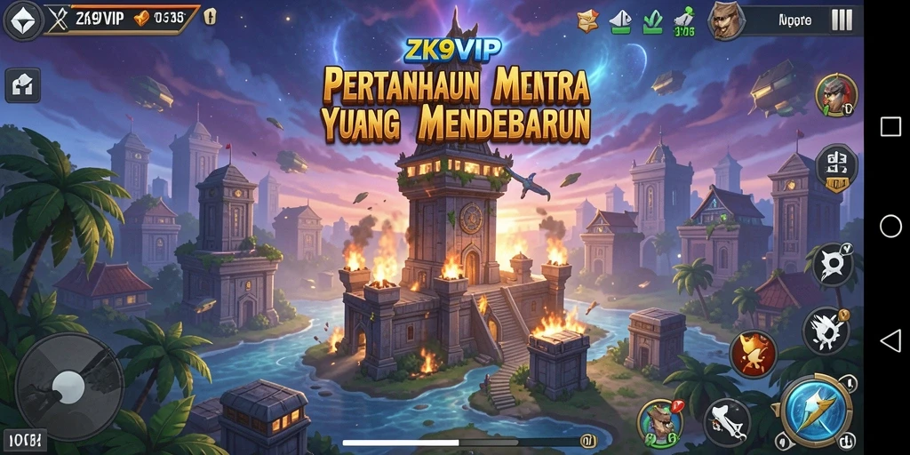 Tampilan menarik dari gameplay ZK9VIP dengan menara pertahanan yang kuat.