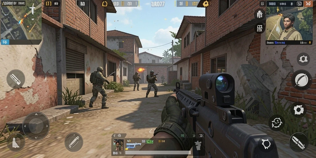 Screenshot ZORO77 menampilkan aksi tembak-menembak yang intens di permainan FPS.